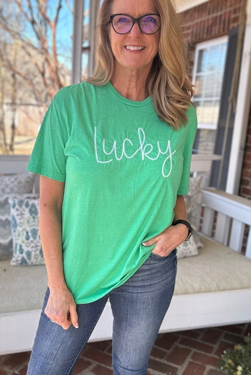 Lucky Embroidered Crew Neck Tee - -Jimberly's Boutique-Olive Branch-Mississippi