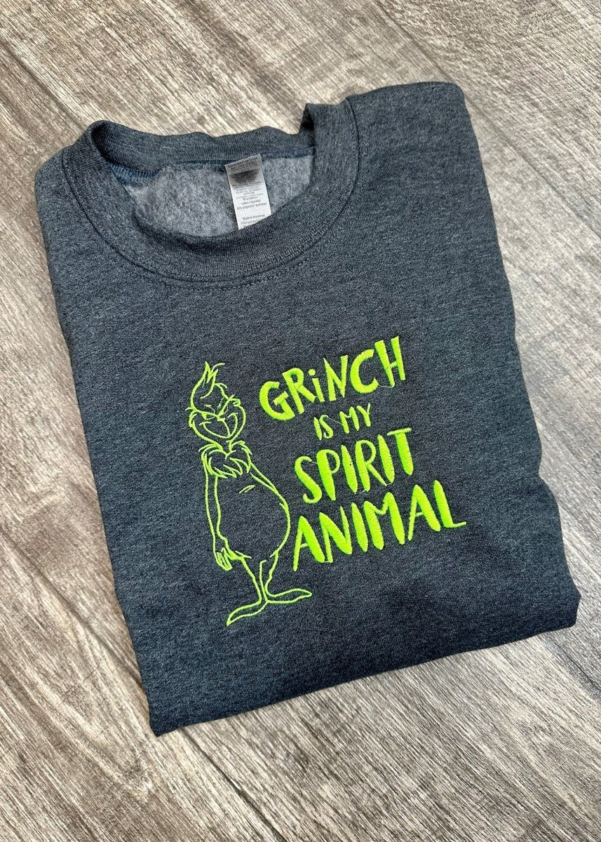 (m) Grinch Is My Spirit Animal Embroidered Sweatshirt - dark Heather - Graphic Tee - Jimberly's Boutique