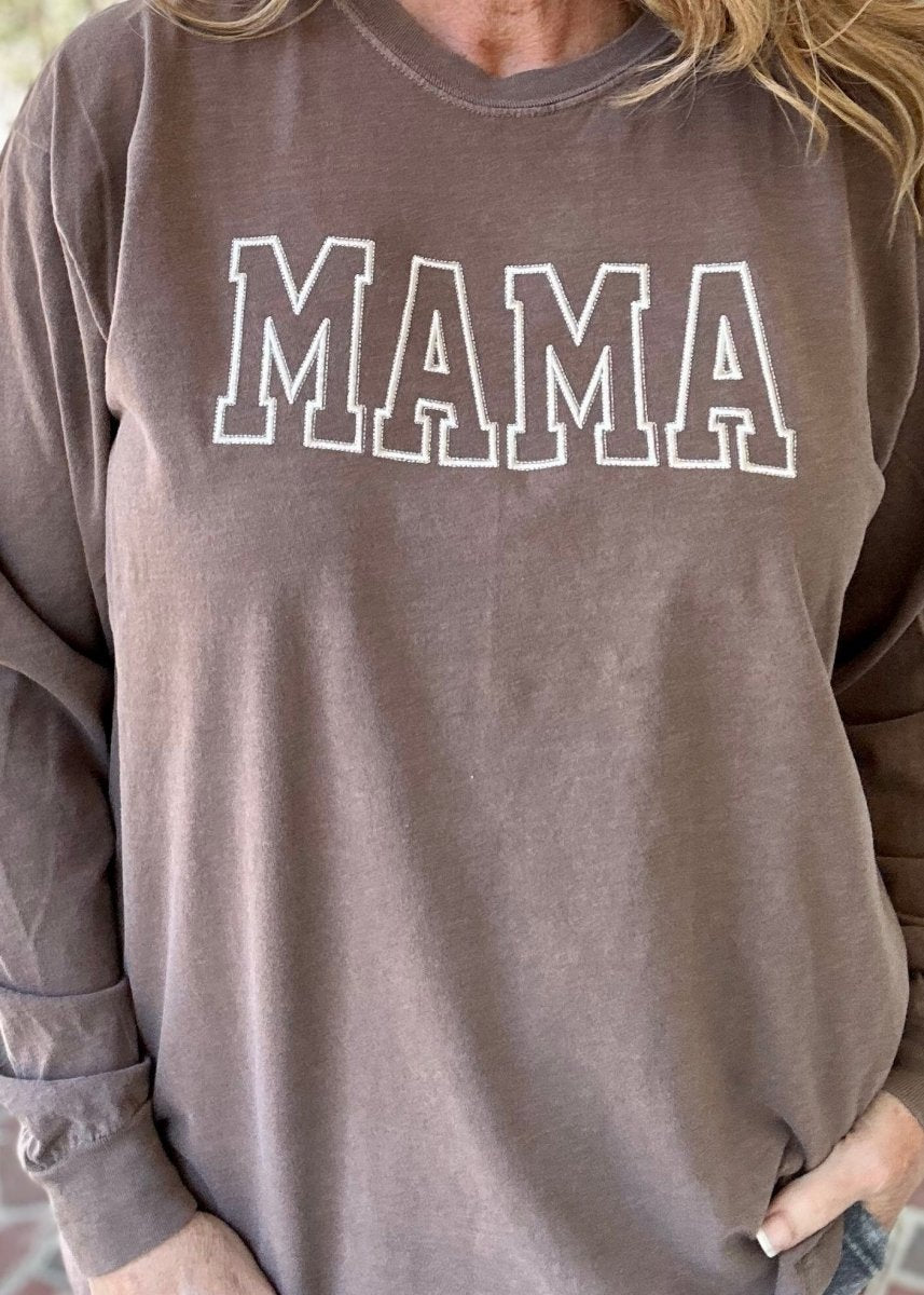MAMA | Embroidered | Light Brown | Comfort Colors | Long Sleeve Tee - Embroidered Comfort Colors -Jimberly's Boutique-Olive Branch-Mississippi