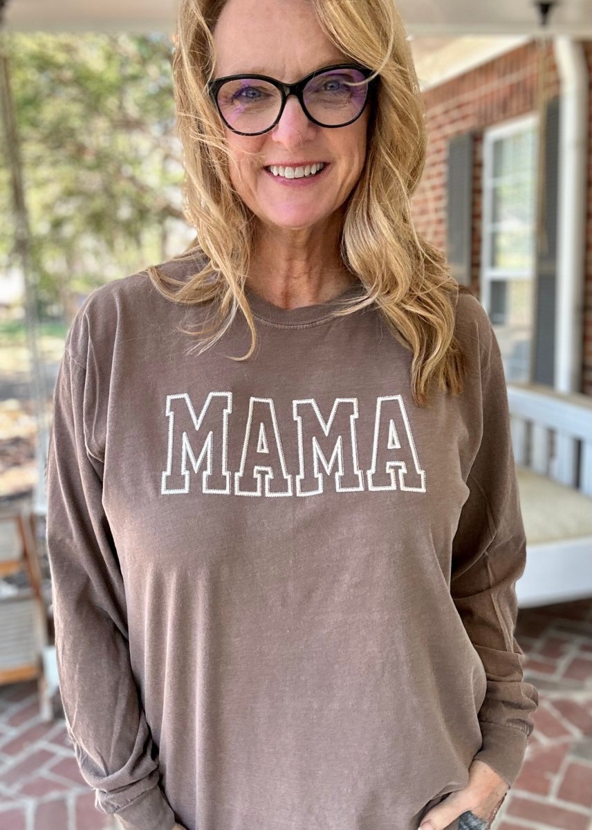 MAMA | Embroidered | Light Brown | Comfort Colors | Long Sleeve Tee - Embroidered Comfort Colors -Jimberly's Boutique-Olive Branch-Mississippi