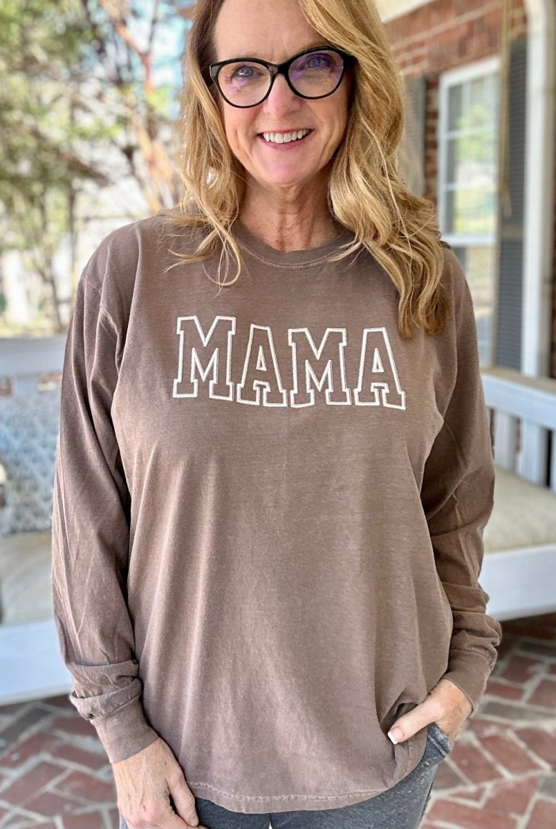 MAMA | Embroidered | Light Brown | Comfort Colors | Long Sleeve Tee - Embroidered Comfort Colors -Jimberly's Boutique-Olive Branch-Mississippi