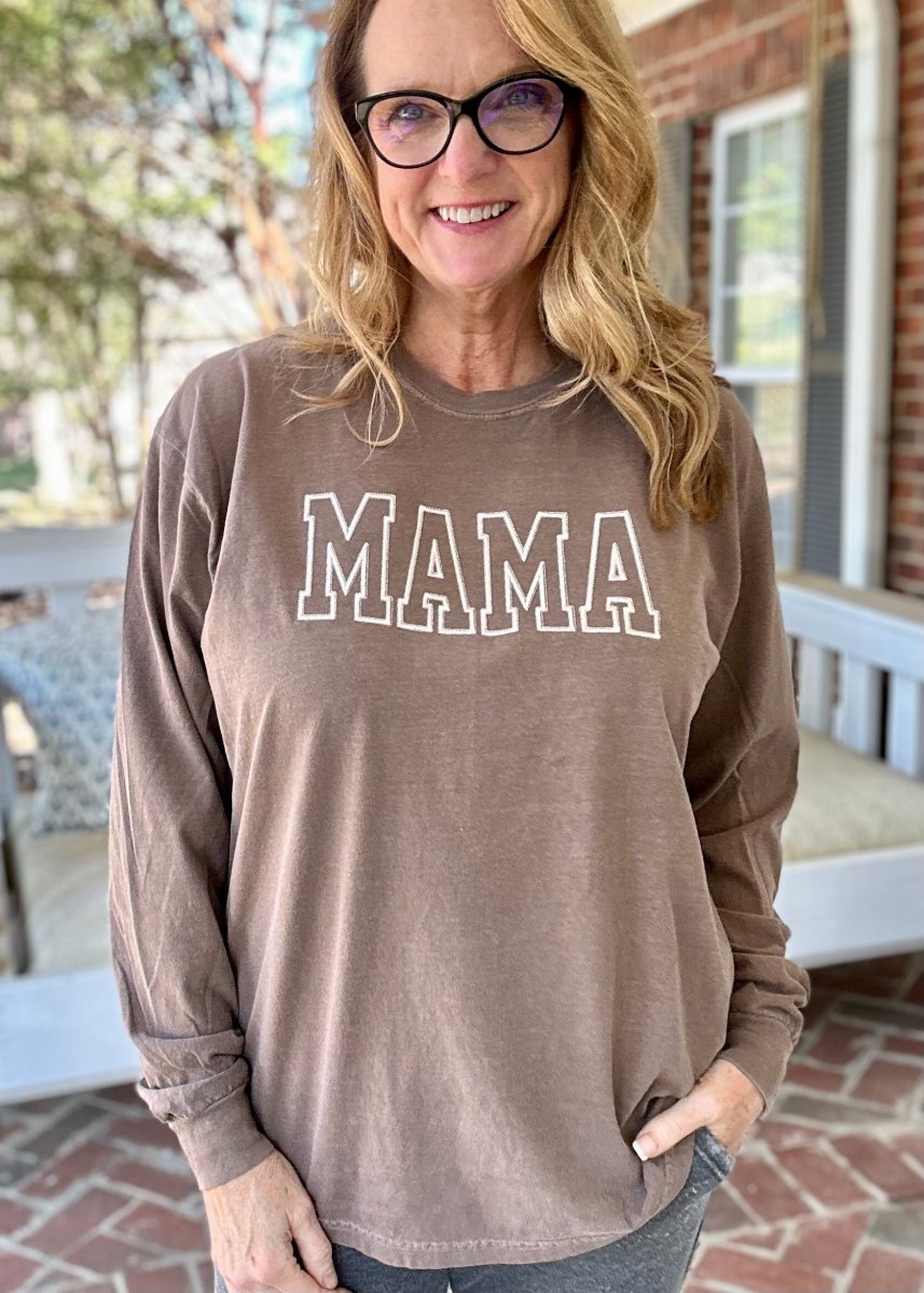 MAMA | Embroidered | Light Brown | Comfort Colors | Long Sleeve Tee - Embroidered Comfort Colors -Jimberly's Boutique-Olive Branch-Mississippi