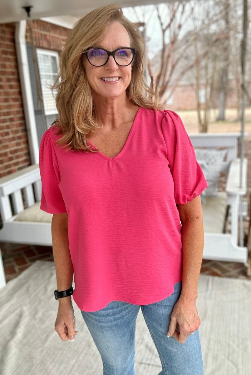 Melinda Puff Sleeve Top | Fuchsia | Zenana - Shirts & Tops -Jimberly's Boutique-Olive Branch-Mississippi