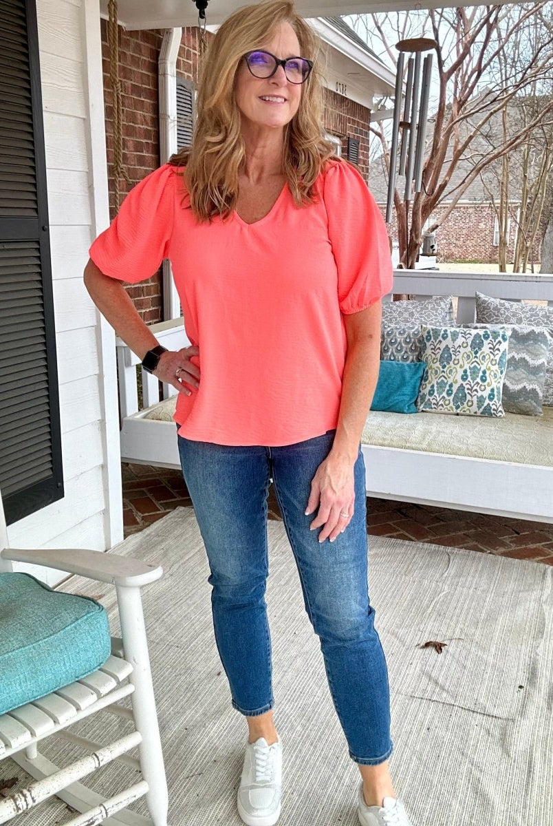 Melinda Puff Sleeve Top | Neon Peach | Zenana - Shirts & Tops -Jimberly's Boutique-Olive Branch-Mississippi
