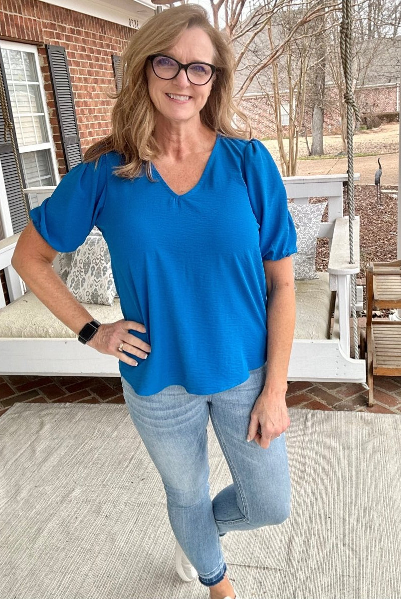 Melinda Puff Sleeve Top | Ocean Blue | Zenana - Shirts & Tops -Jimberly's Boutique-Olive Branch-Mississippi