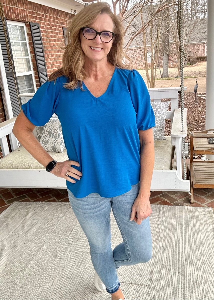 Melinda Puff Sleeve Top | Ocean Blue | Zenana - Shirts & Tops -Jimberly's Boutique-Olive Branch-Mississippi