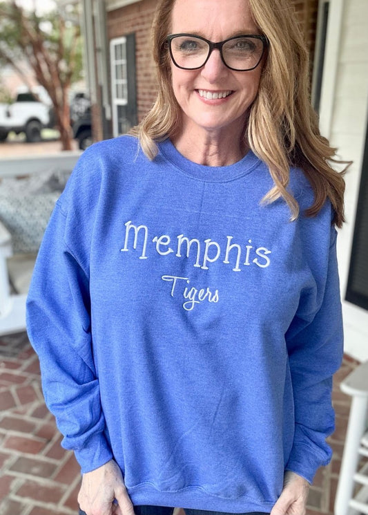 Memphis Tigers Embroidered Sweatshirt - Heather Blue w/White - sweatshirt - Jimberly's Boutique