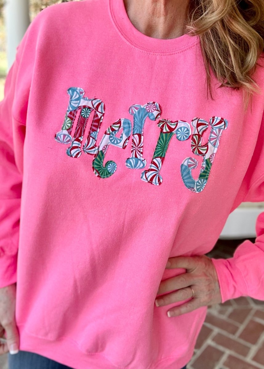 Merry Applique Sweatshirt - Neon Pink - applique sweatshirt -Jimberly's Boutique-Olive Branch-Mississippi