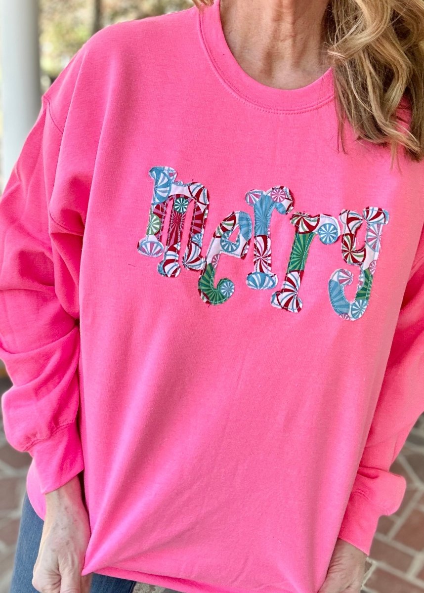 Merry Applique Sweatshirt - Neon Pink - applique sweatshirt -Jimberly's Boutique-Olive Branch-Mississippi
