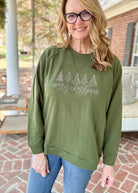 Merry Christmas Trees Embroidered Sweatshirt - Army Green - Embroidered Lightweight Sweatshirt -Jimberly's Boutique-Olive Branch-Mississippi