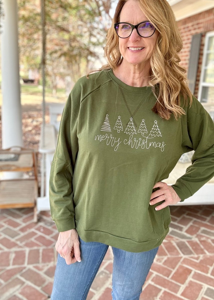 Merry Christmas Trees Embroidered Sweatshirt - Army Green - Embroidered Lightweight Sweatshirt - Jimberly's Boutique