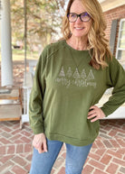 Merry Christmas Trees Embroidered Sweatshirt - Army Green - Embroidered Lightweight Sweatshirt -Jimberly's Boutique-Olive Branch-Mississippi