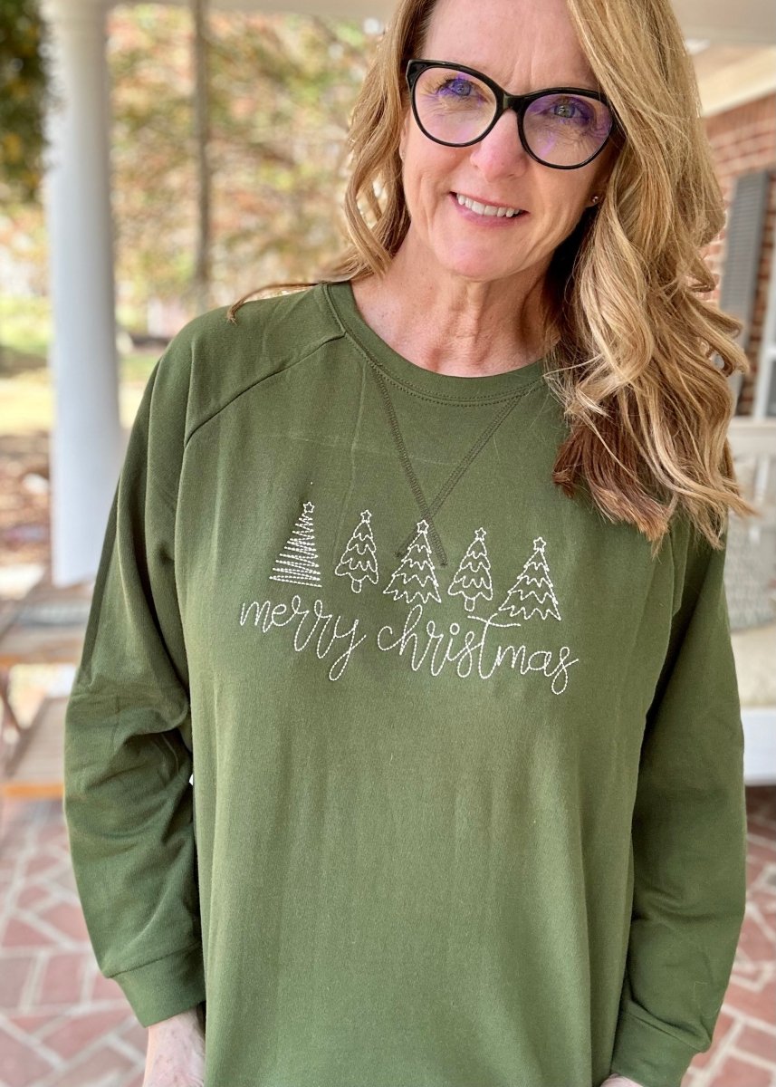 Merry Christmas Trees Embroidered Sweatshirt - Army Green - Embroidered Lightweight Sweatshirt - Jimberly's Boutique