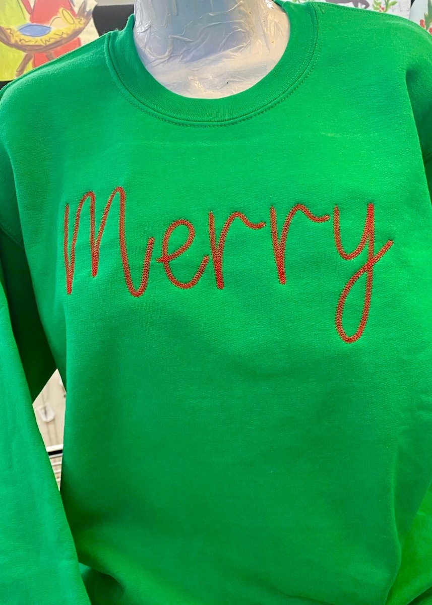 Merry Embroidered Sweatshirt - Green - Graphic Tee - Jimberly's Boutique
