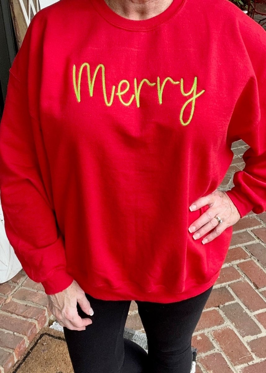 Merry Embroidered Sweatshirt - Red - Graphic Tee - Jimberly's Boutique