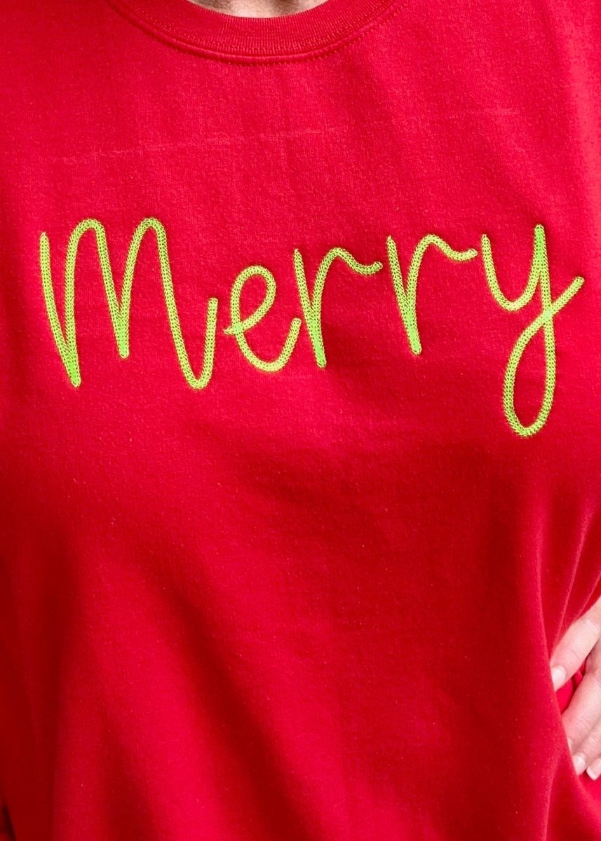 Merry Embroidered Sweatshirt - Red - Graphic Tee - Jimberly's Boutique
