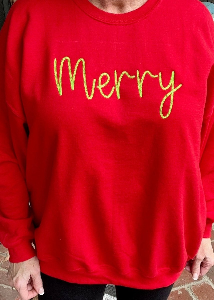 Merry Embroidered Sweatshirt - Red - Graphic Tee - Jimberly's Boutique