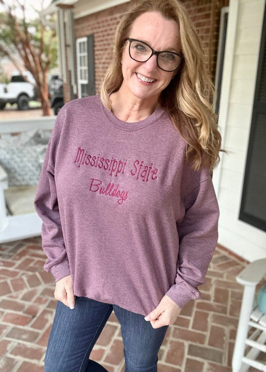 Mississippi State Bulldogs Embroidered Sweatshirt - Heather Maroon w/Maroon - sweatshirt - Jimberly's Boutique