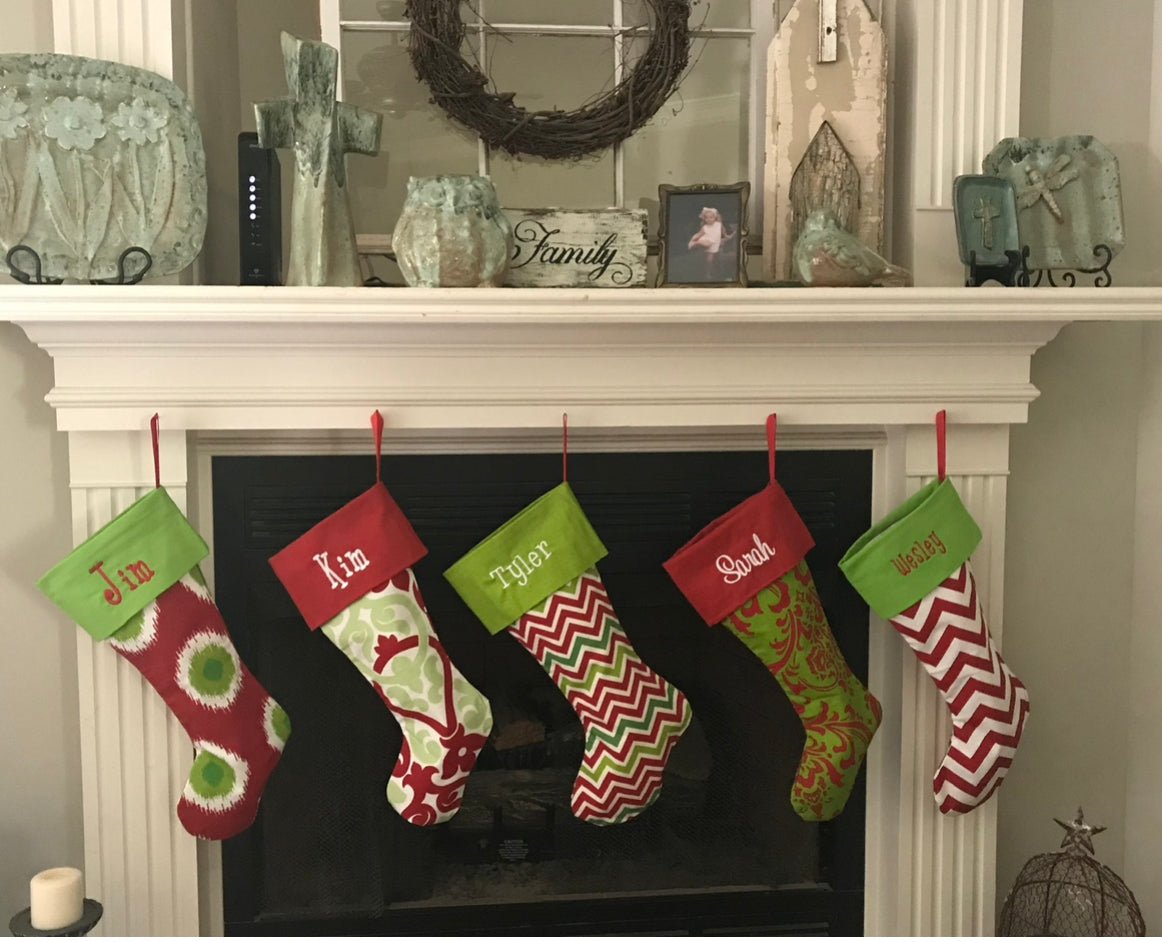 Monogrammed Christmas Stocking - Antlers Chartreuse/Red Cuff - Stocking - Jimberly's Boutique