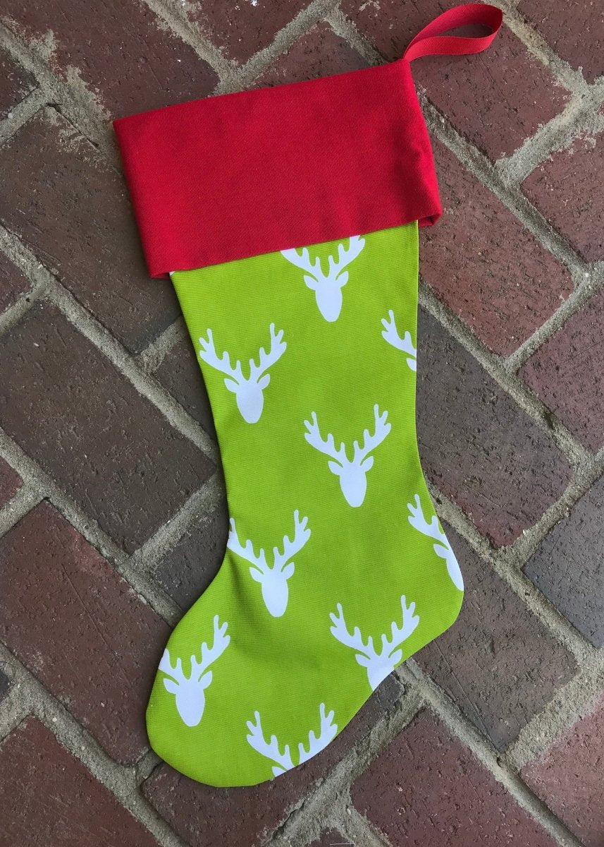 Monogrammed Christmas Stocking - Antlers Chartreuse/Red Cuff - Stocking - Jimberly's Boutique