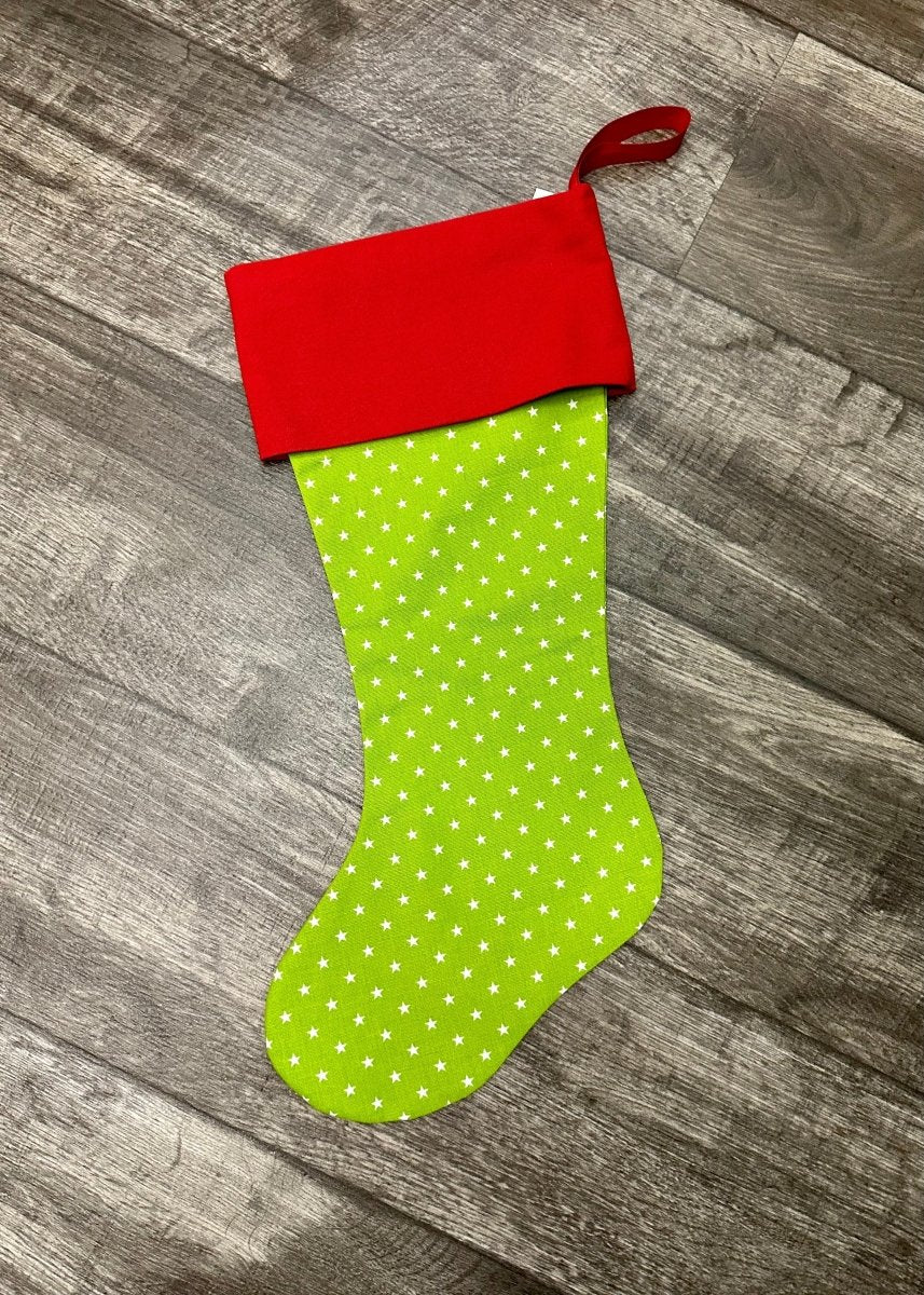 Monogrammed Christmas Stocking - Chartreuse Star/Red Cuff - Stocking - Jimberly's Boutique