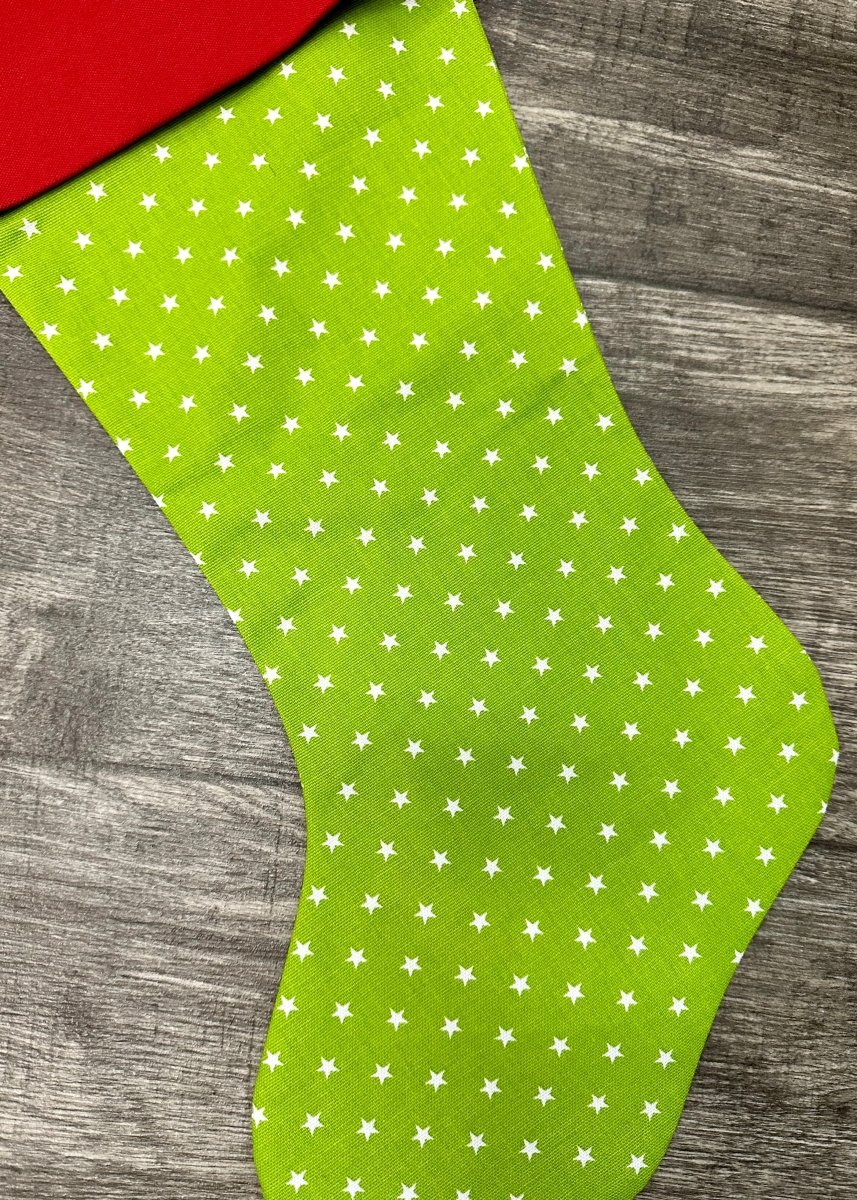 Monogrammed Christmas Stocking - Chartreuse Star/Red Cuff - Stocking - Jimberly's Boutique