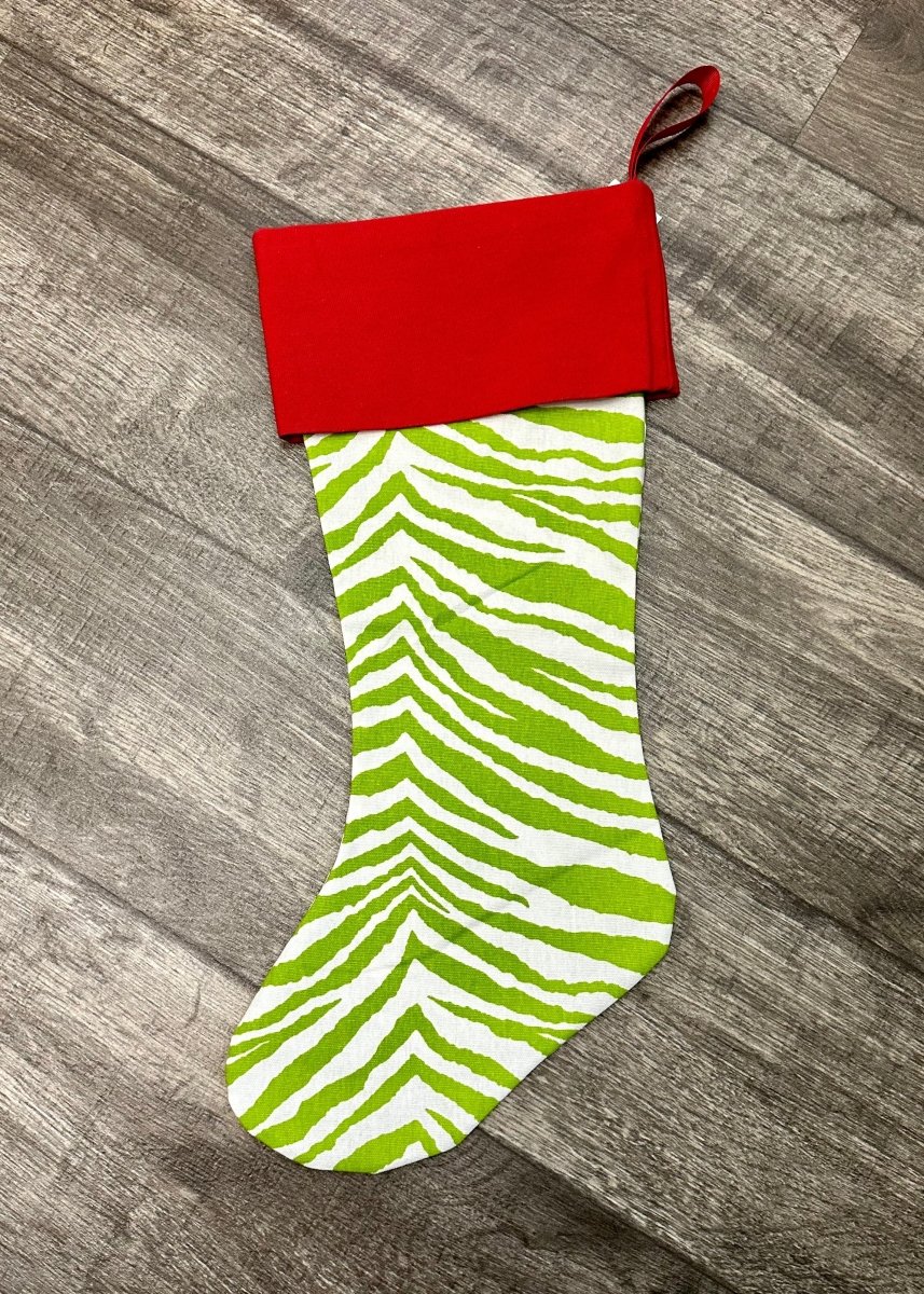 Monogrammed Christmas Stocking - Chartreuse Zebra/Red Cuff - Stocking - Jimberly's Boutique