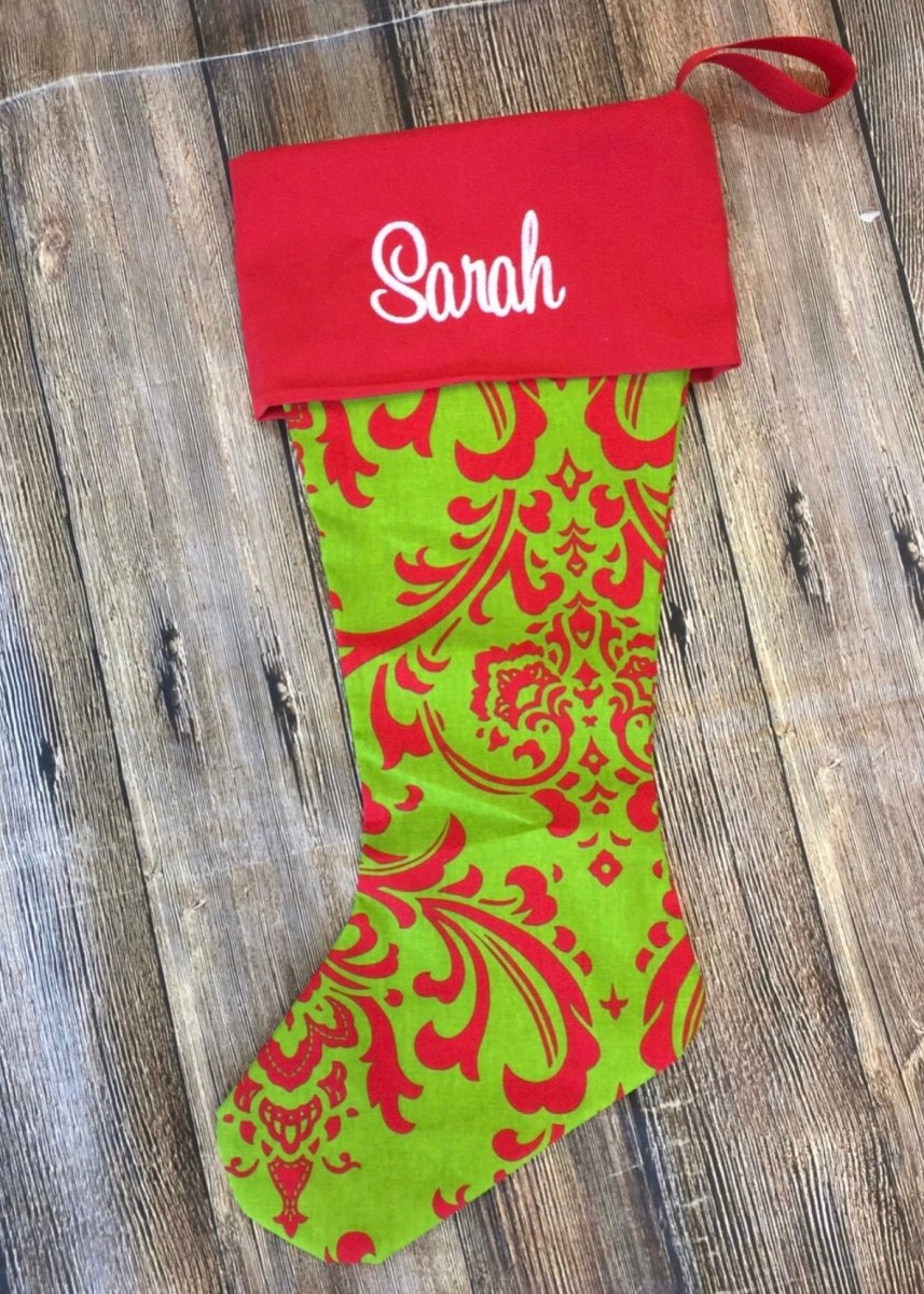 Monogrammed Christmas Stocking - Damask/Red Cuff - Stocking -Jimberly's Boutique-Olive Branch-Mississippi