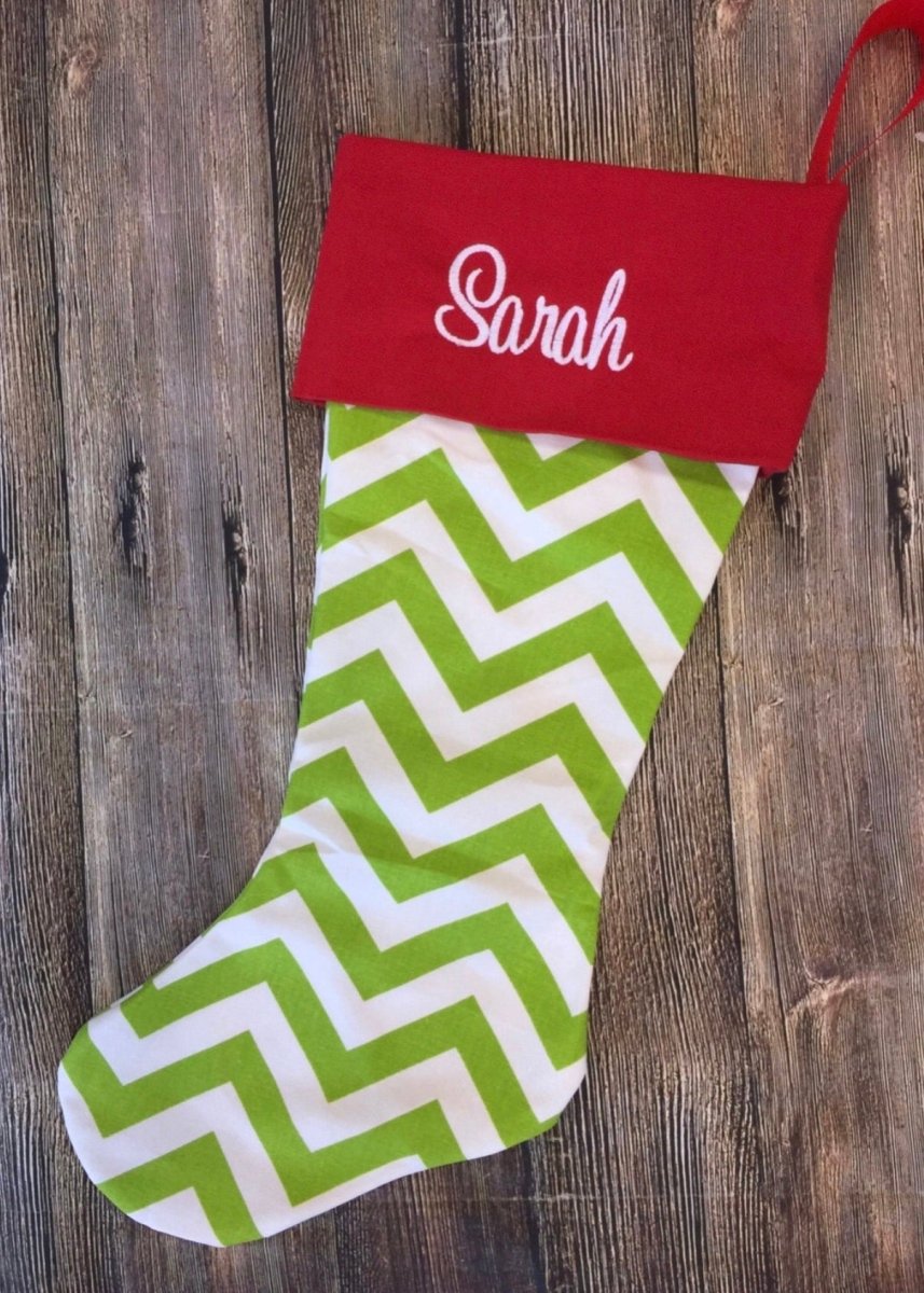 Monogrammed Christmas Stocking - Green Chevron/Red Cuff - Stocking - Jimberly's Boutique