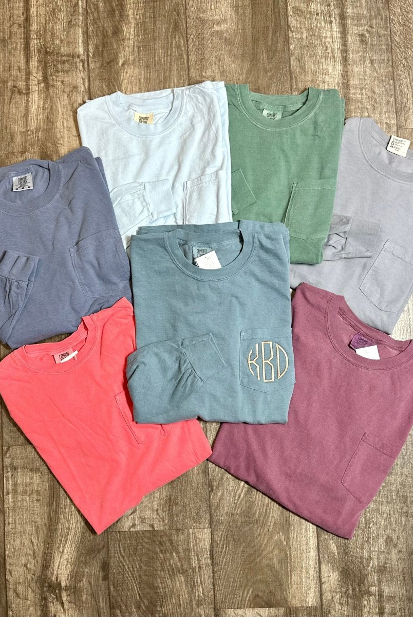 Monogrammed Comfort Colors Long Sleeve w/Pocket - -Jimberly's Boutique-Olive Branch-Mississippi