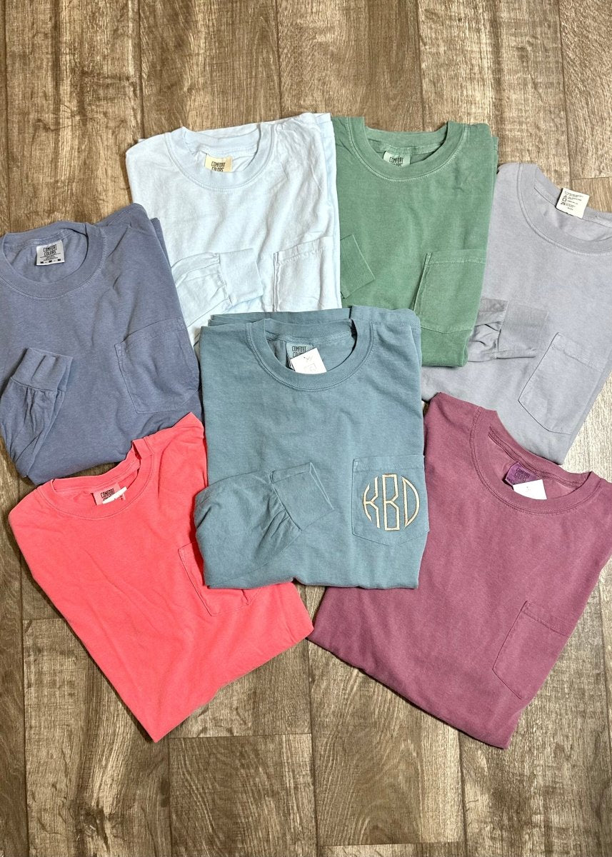 Monogrammed Comfort Colors Long Sleeve w/Pocket - Jimberly's Boutique