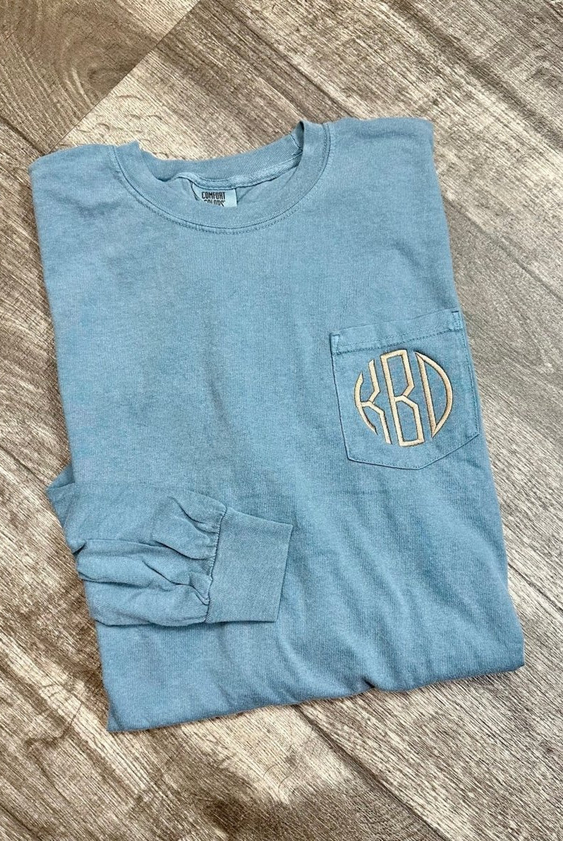 Monogrammed Comfort Colors Long Sleeve w/Pocket - -Jimberly's Boutique-Olive Branch-Mississippi