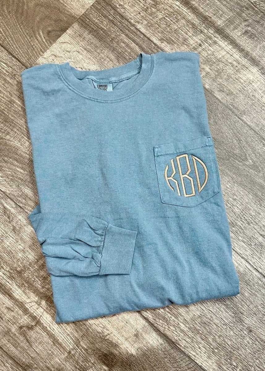 Monogrammed Comfort Colors Long Sleeve w/Pocket - Jimberly's Boutique