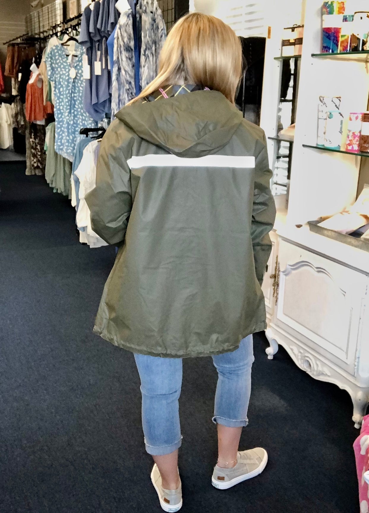 Monogrammed New Englander Rain Jacket--Olive/Plaid - Jimberly's Boutique