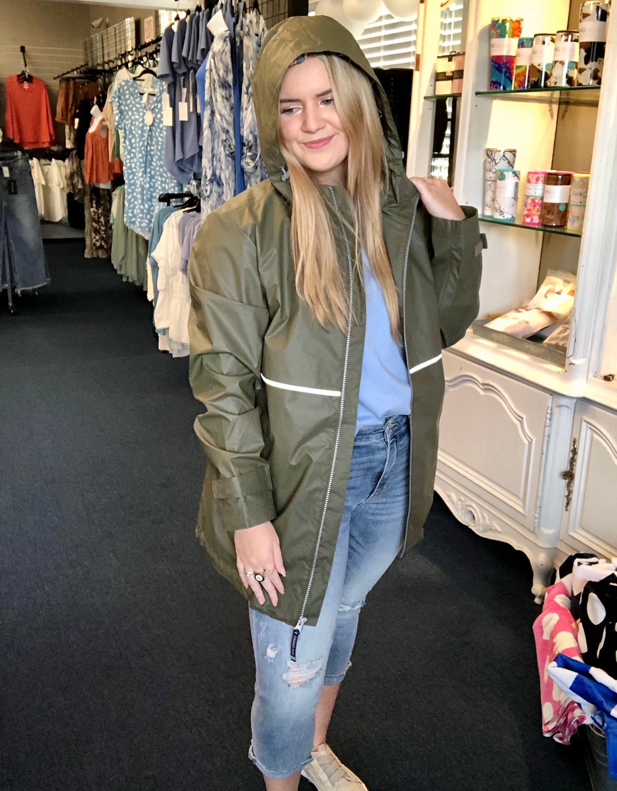 Monogrammed New Englander Rain Jacket--Olive/Plaid - Jimberly's Boutique