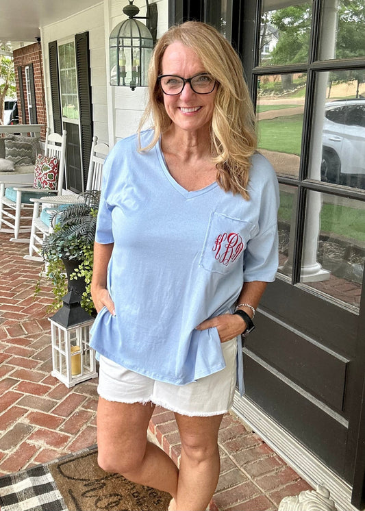Monogrammed V Neck Zenana Top - Powder Blue - Jimberly's Boutique