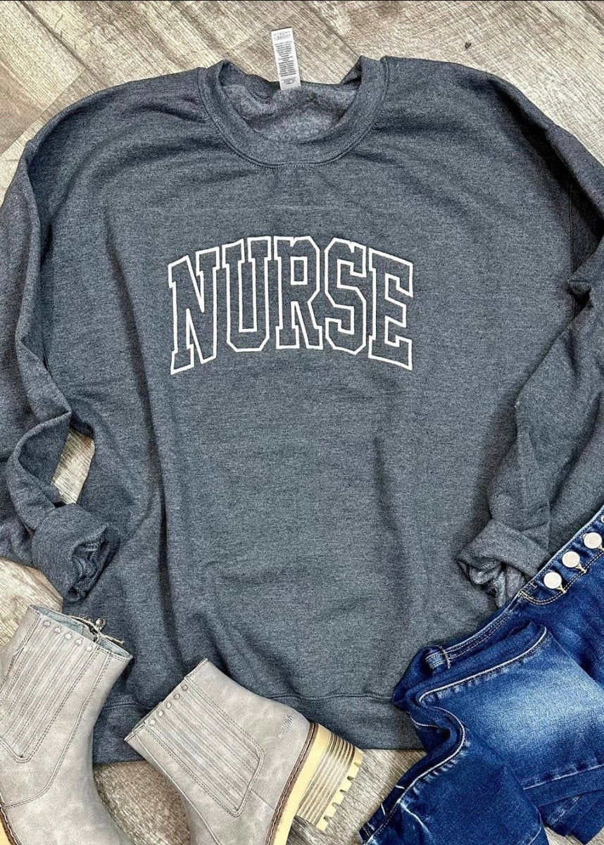 Nurse Embroidered Sweatshirt - Dark Heather Grey - Graphic Tee - Jimberly's Boutique