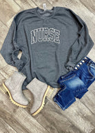 Nurse Embroidered Sweatshirt - Dark Heather Grey - Graphic Tee -Jimberly's Boutique-Olive Branch-Mississippi