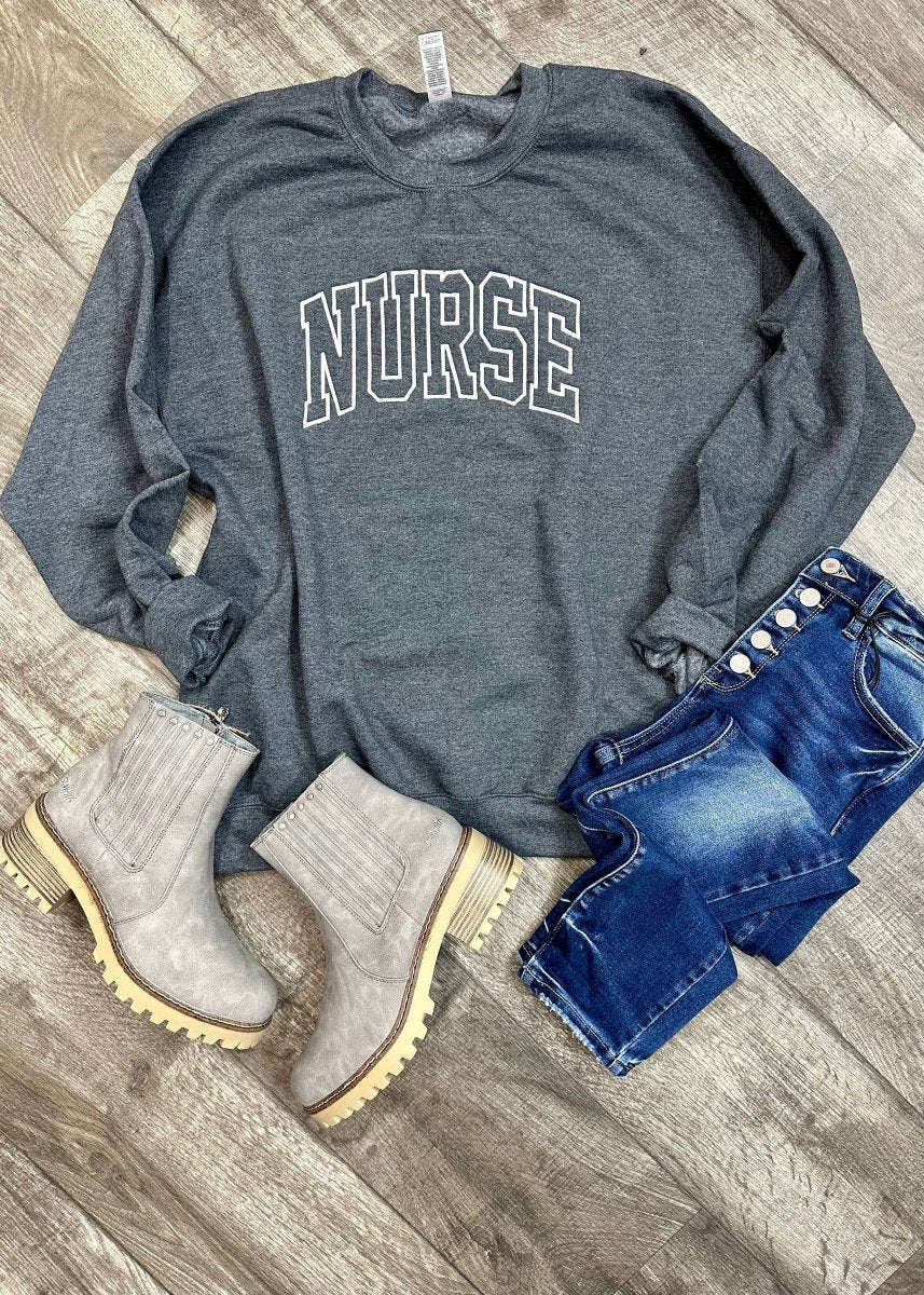 Nurse Embroidered Sweatshirt - Dark Heather Grey - Graphic Tee - Jimberly's Boutique