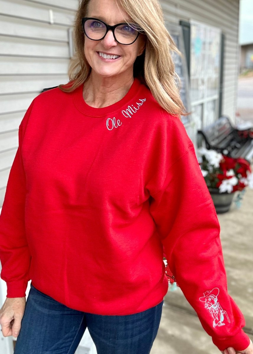 Ole Miss| Embroidered Sweatshirt | Red - Embroidered Sweatshirt -Jimberly's Boutique-Olive Branch-Mississippi