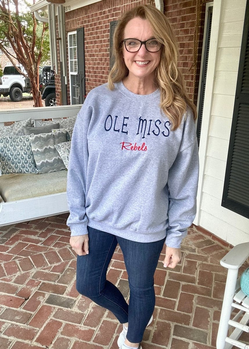 Ole Miss Rebels Embroidered Sweatshirt - Grey w/Navy & Red - sweatshirt - Jimberly's Boutique