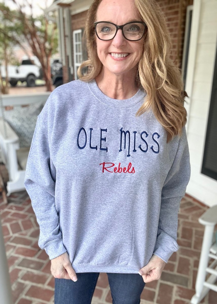 Ole Miss Rebels Embroidered Sweatshirt - Grey w/Navy & Red - sweatshirt - Jimberly's Boutique