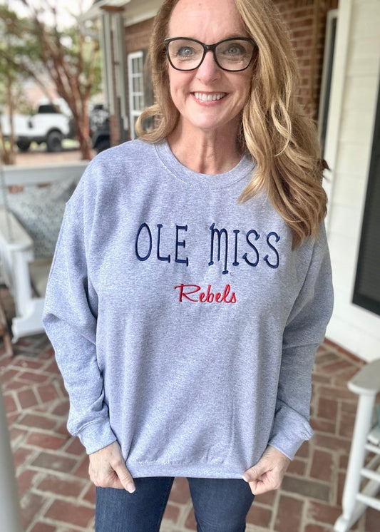 Ole Miss Rebels Embroidered Sweatshirt - Grey w/Navy & Red - sweatshirt - Jimberly's Boutique