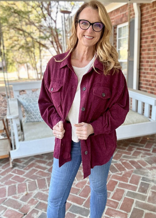 Oversized Corduroy Button-Front Shacket - Eggplant - Casual Shacket - Jimberly's Boutique