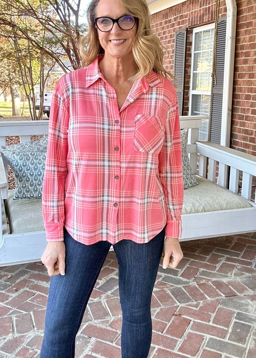 Plaid Knit Long Sleeve Top - Coral - Casual Top - Jimberly's Boutique
