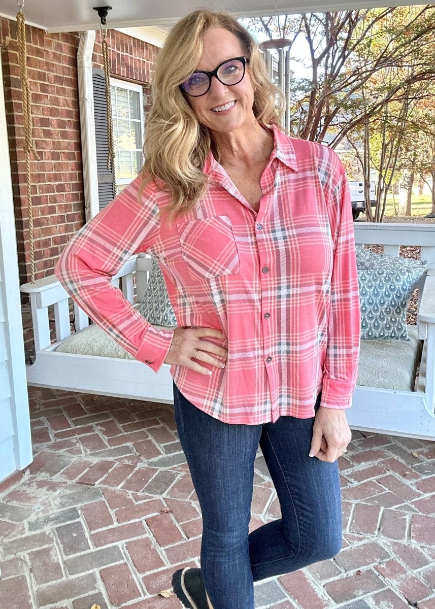 Plaid Knit Long Sleeve Top - Coral - Casual Top - Jimberly's Boutique
