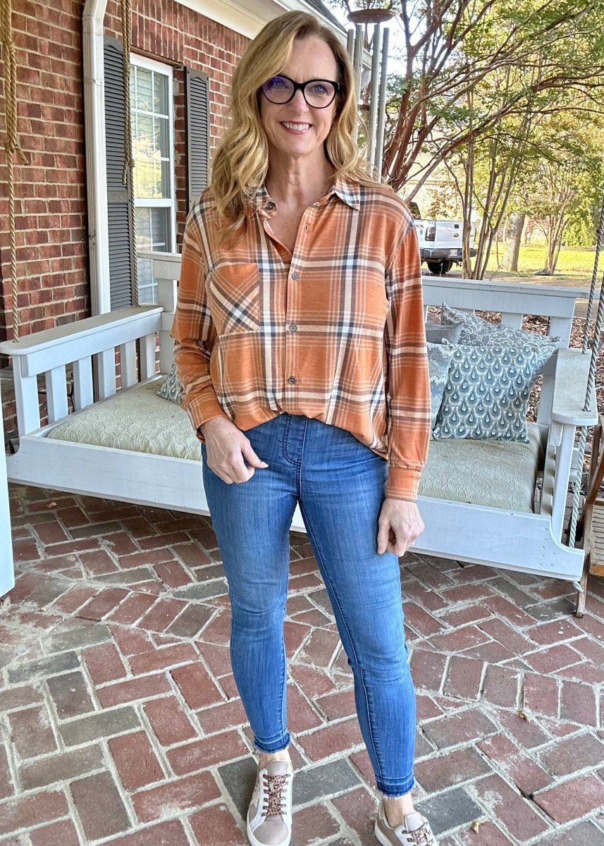 Plaid Knit Long Sleeve Top - Deep Camel - Casual Top - Jimberly's Boutique