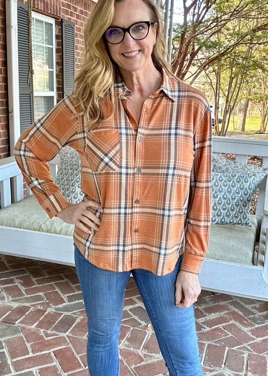 Plaid Knit Long Sleeve Top - Deep Camel - Casual Top - Jimberly's Boutique