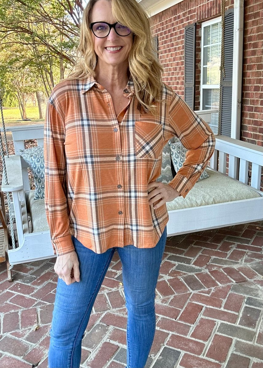 Plaid Knit Long Sleeve Top - Deep Camel - Casual Top - Jimberly's Boutique