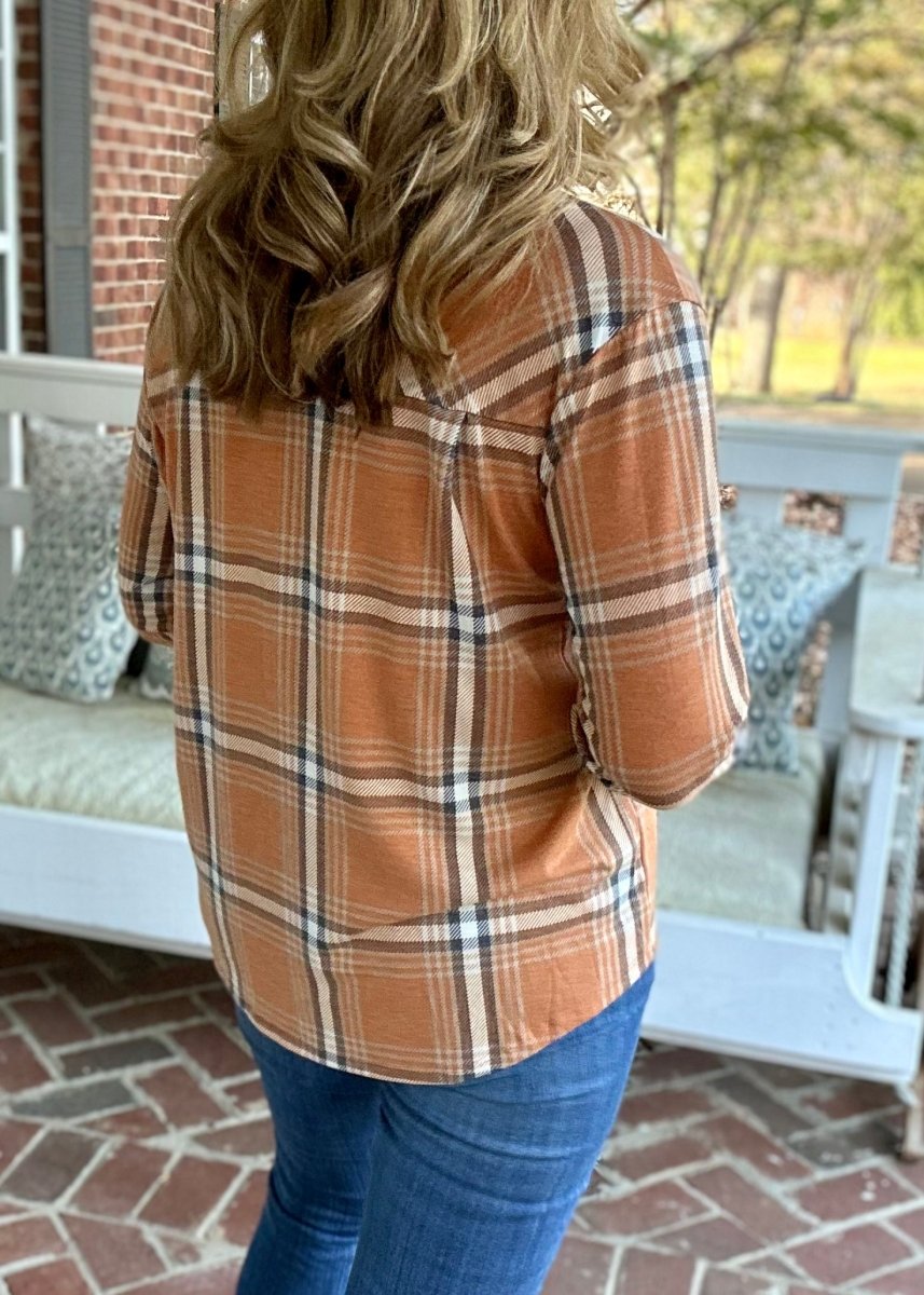 Plaid Knit Long Sleeve Top - Deep Camel - Casual Top - Jimberly's Boutique